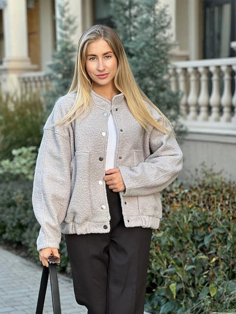 Damen Oversized Fleecejacke mit Druckknöpfen und praktischen Taschen EB