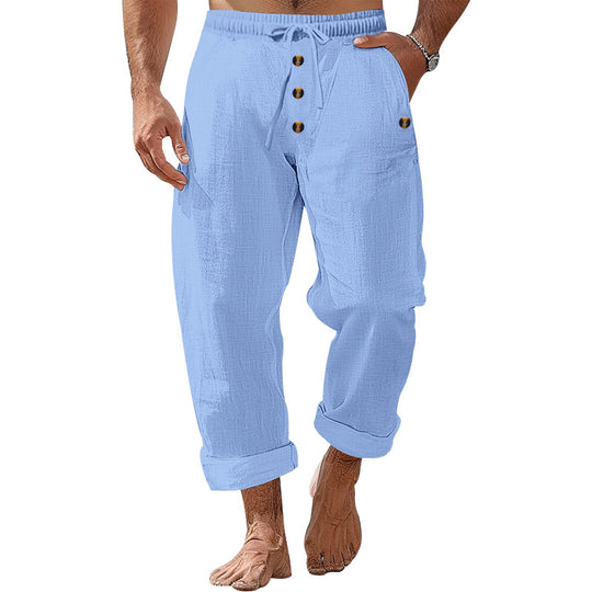 Herren nan lockere Leinen-Baumwoll-Hose mit elastischem Bund, Kordelzug und aufgekrempeltem Saum EB