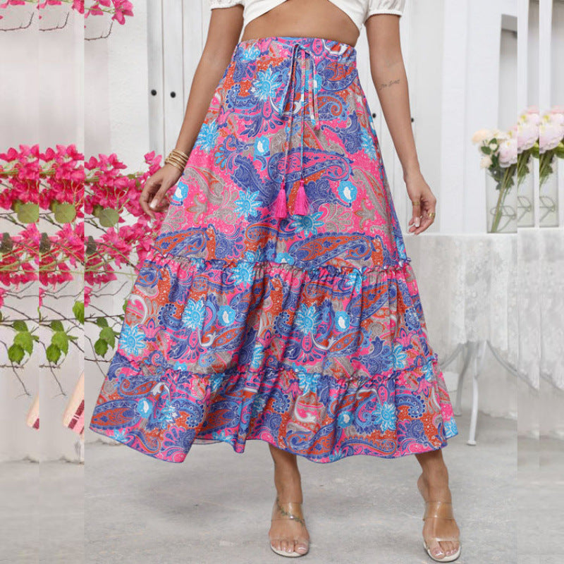Damen Midi-Rock im verspielten Boho-Stil mit buntem Paisleymuster und voluminösem Saum EB