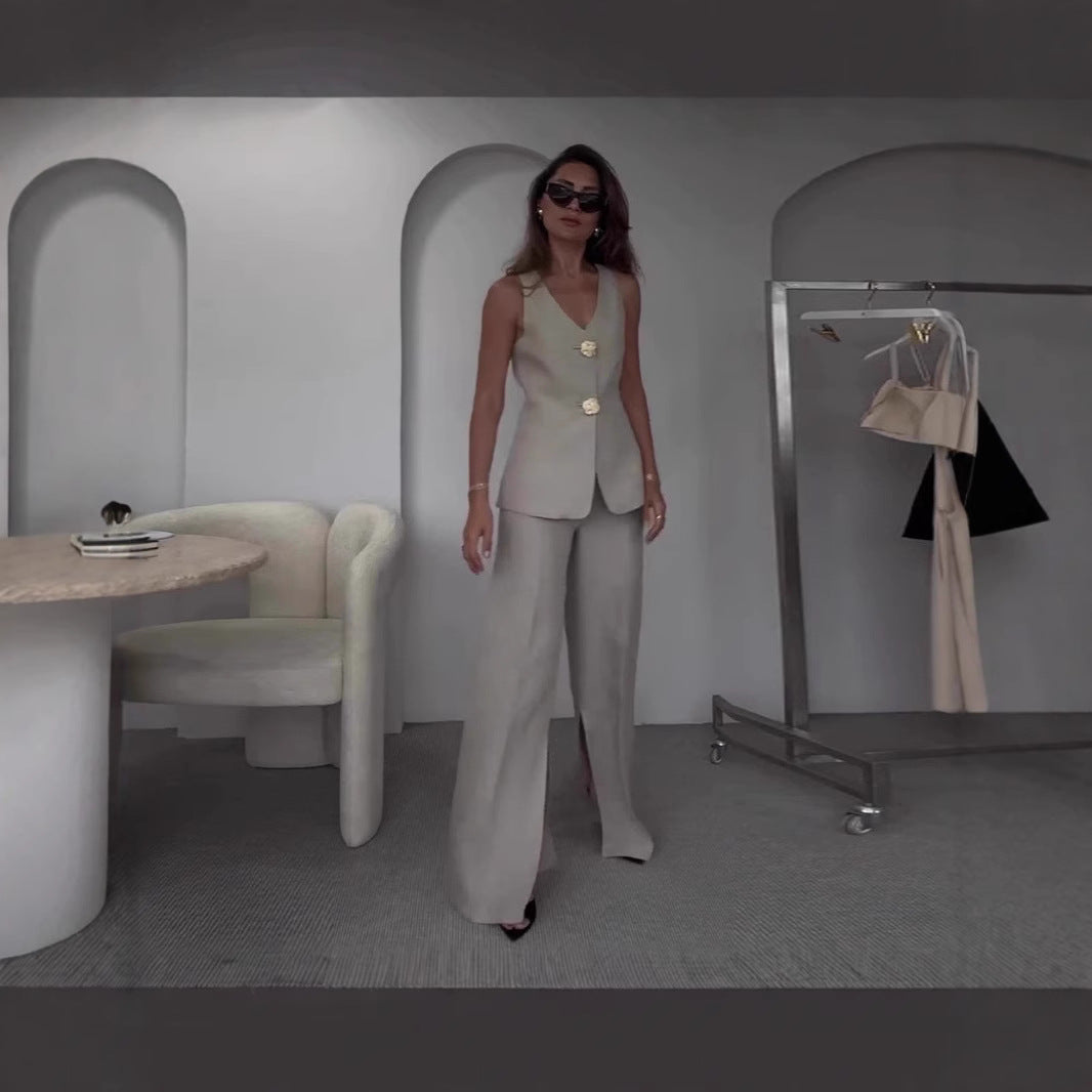 Damen Ärmelloses Tailoring-Set mit taillierter Weste, Zierknöpfen und weiter Palazzo-Hose EB
