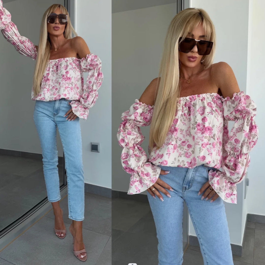 Damen Off-Shoulder Bluse mit Rüschendetails und floralen Mustern EB
