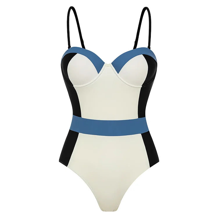 Damen High-Waist Einteiler Badeanzug mit modernem Schnitt und verspielten Farbblockelementen EB