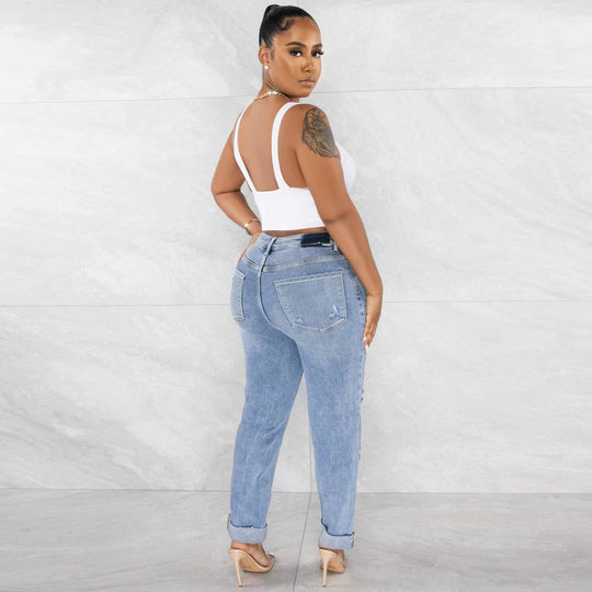 Damen High-Waist Boyfriend Jeans mit ausgefranstem Saum und lässigem Used-Look EB