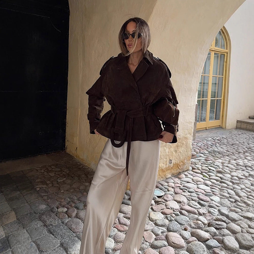 Damen modische Wildlederjacke mit Taillengürtel und voluminösen Ärmeln EB