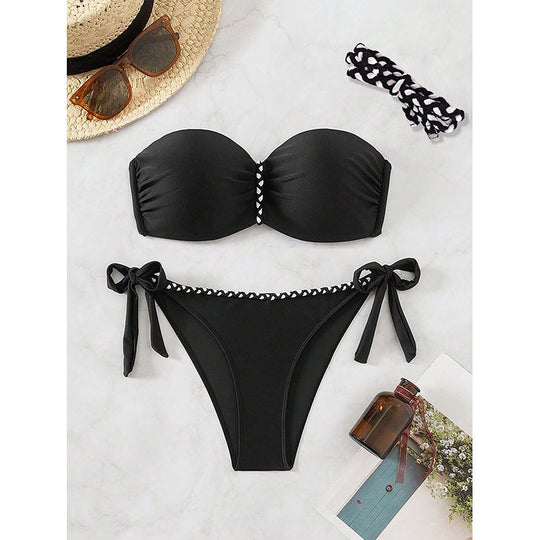 Damen Bandeau-Bikini mit elastischen Rüschendetails und verspieltem Bindeband EB