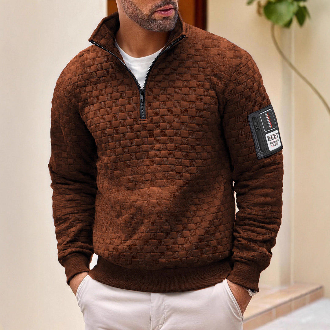 Herren nan strukturierter Stehkragen-Halbzip-Pullover mit Karosteppung, elastischen Bündchen und Ärmel-Patch EB