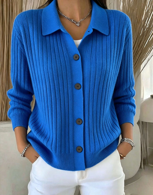 Damen Feiner gerippter Knopf‑Cardigan mit Hemdkragen und kastiger Silhouette EB