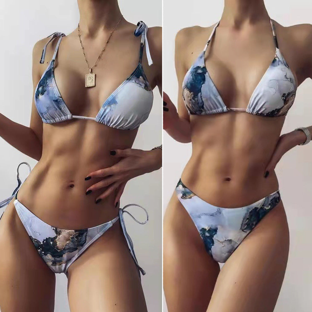 Damen Hoch geschnittenes Bikini-Set mit stylischem Marmor-Print EB