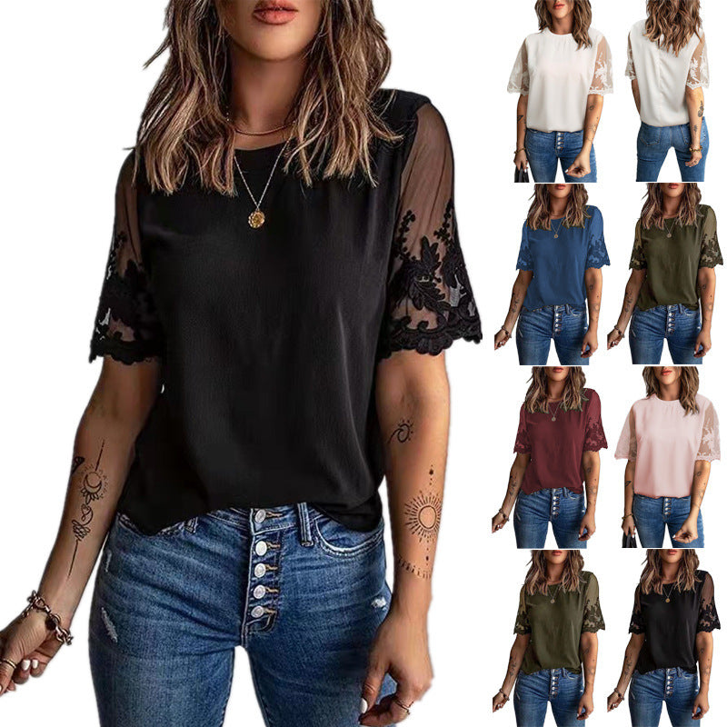 Damen Elegantes T-Shirt mit Spitze an den Ärmeln EB