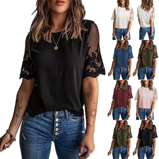 Damen Elegantes T-Shirt mit Spitze an den Ärmeln EB