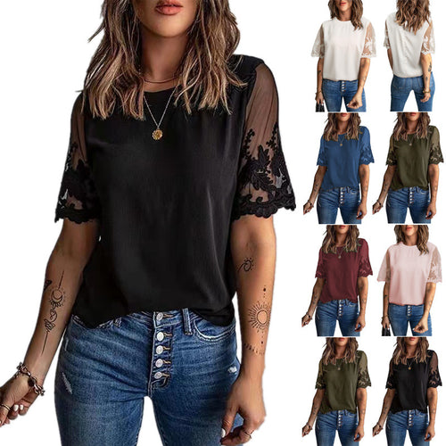 Damen Elegantes T-Shirt mit Spitze an den Ärmeln EB