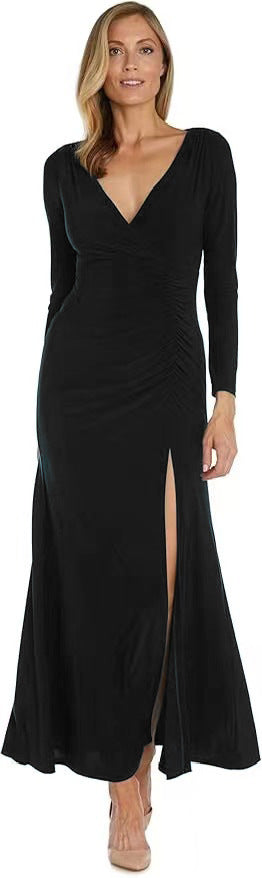 Damen elegantes Maxikleid mit hohem Schlitz und raffiniertem V-Ausschnitt EB