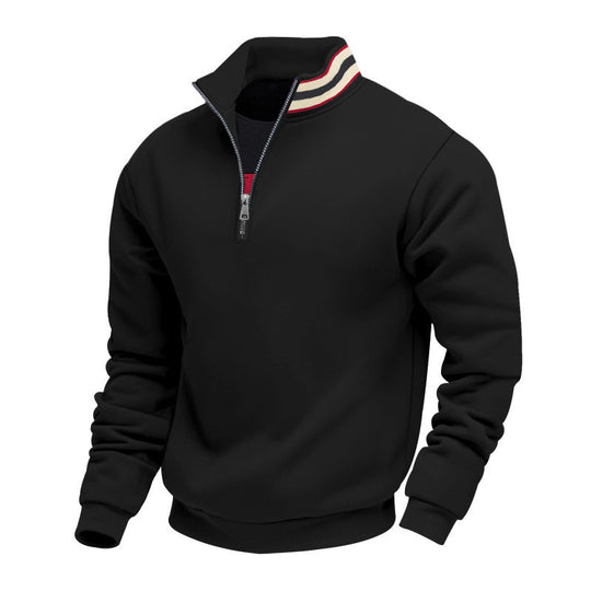 Herren nan Stehkragen-Halbzip-Sweatshirt aus Baumwollfleece mit Kontraststreifen am Kragen und gerippten Bündchen EB