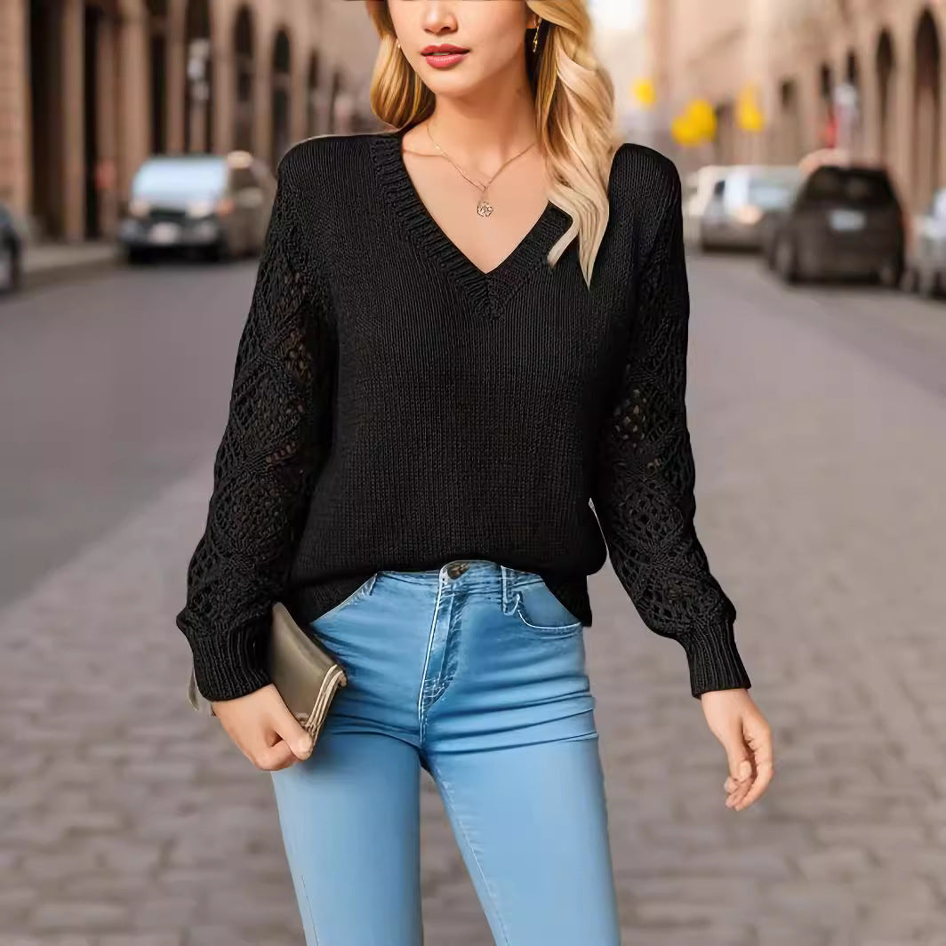 Damen Eleganter Strickpullover mit V-Ausschnitt und gehäkelten Ärmeln EB