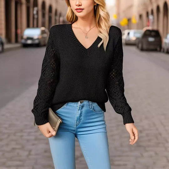 Damen Eleganter Strickpullover mit V-Ausschnitt und gehäkelten Ärmeln EB