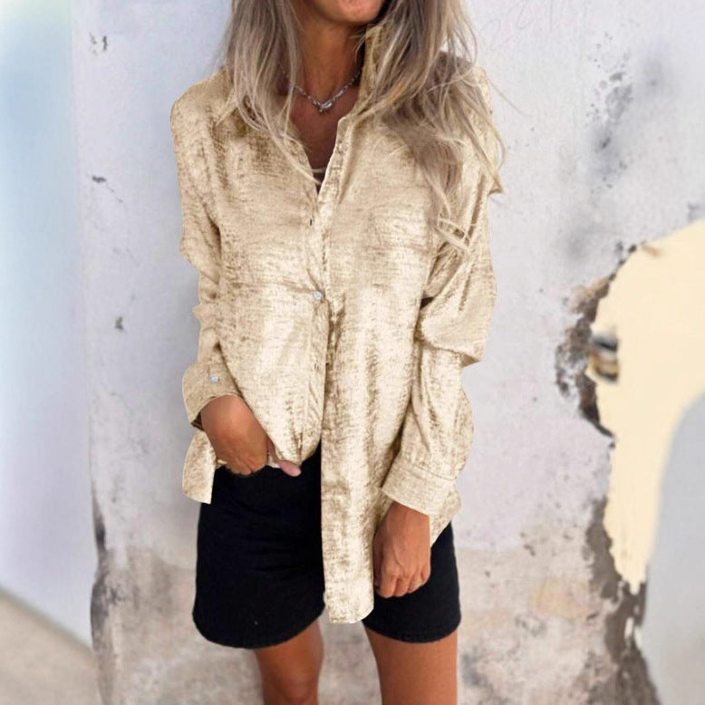 Damen elegante Bluse im metallischen Glanzfinish mit langen Ärmeln EB