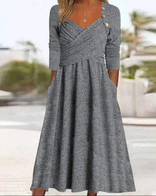 Damen Maxikleid mit eleganter Wickeloptik und praktischen Taschen Heidi-Mode