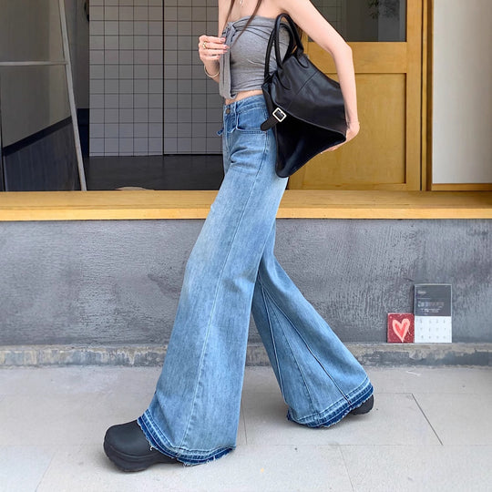 Damen weite Bootcut-Jeans mit hohem Bund und ausgefallenem Design EB