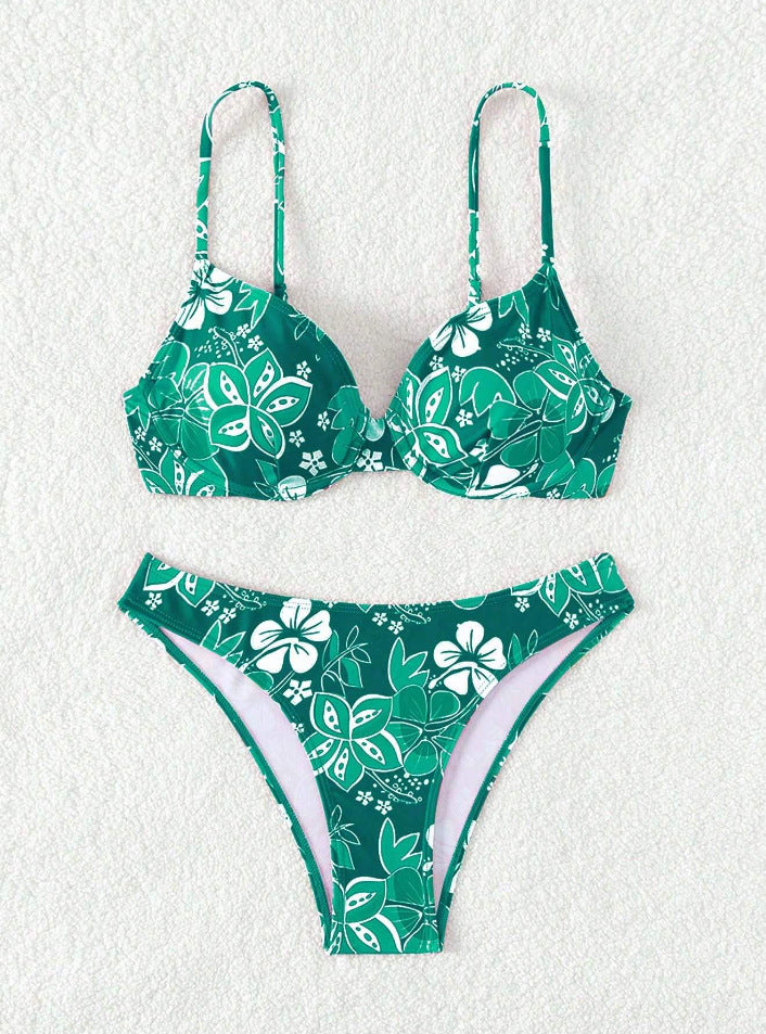 Damen gepolsterter Triangel-Bikini mit floralem Design und verstellbaren Trägern EB