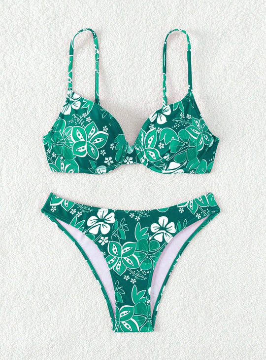 Damen gepolsterter Triangel-Bikini mit floralem Design und verstellbaren Trägern EB