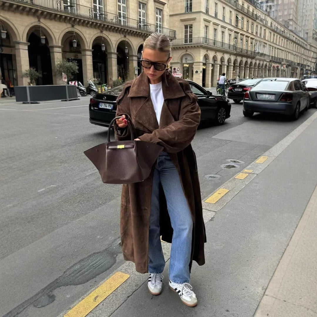 Damen modische Trenchjacke mit tailliertem Schnitt und abnehmbarem Gürtel EB