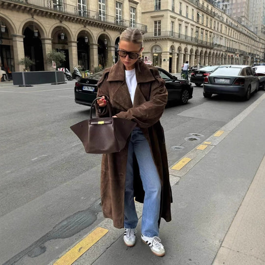 Damen modische Trenchjacke mit tailliertem Schnitt und abnehmbarem Gürtel EB