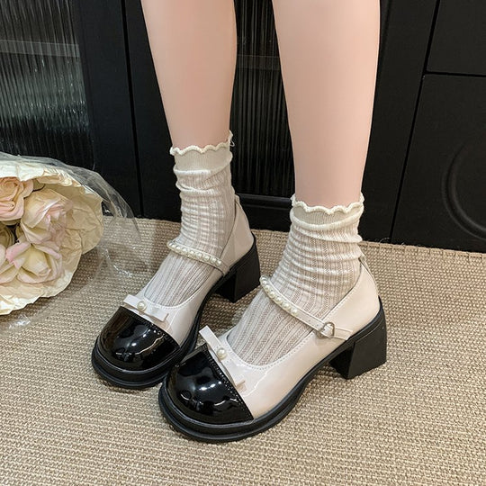 Damen elegante Mary Jane Pumps mit Perlenschmuck EB