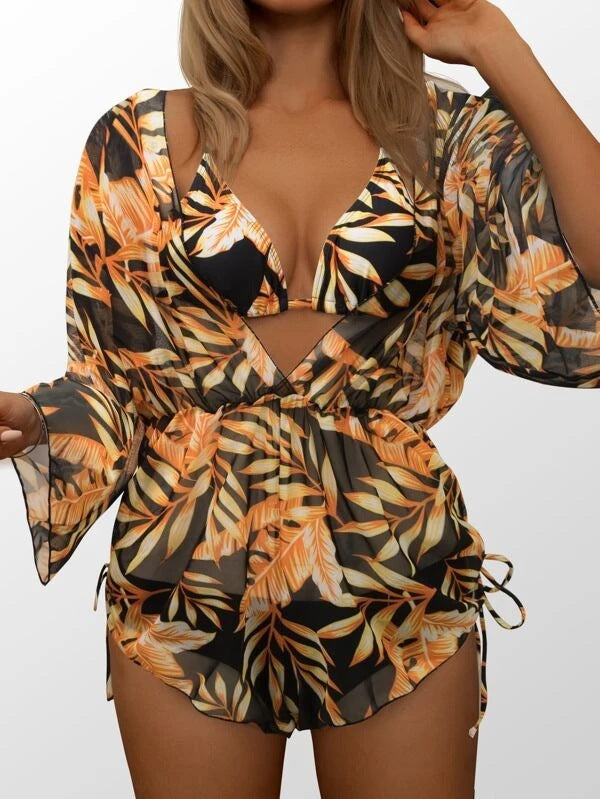 Damen Strandkleid mit floralem Muster und luftigen Ärmeln EB