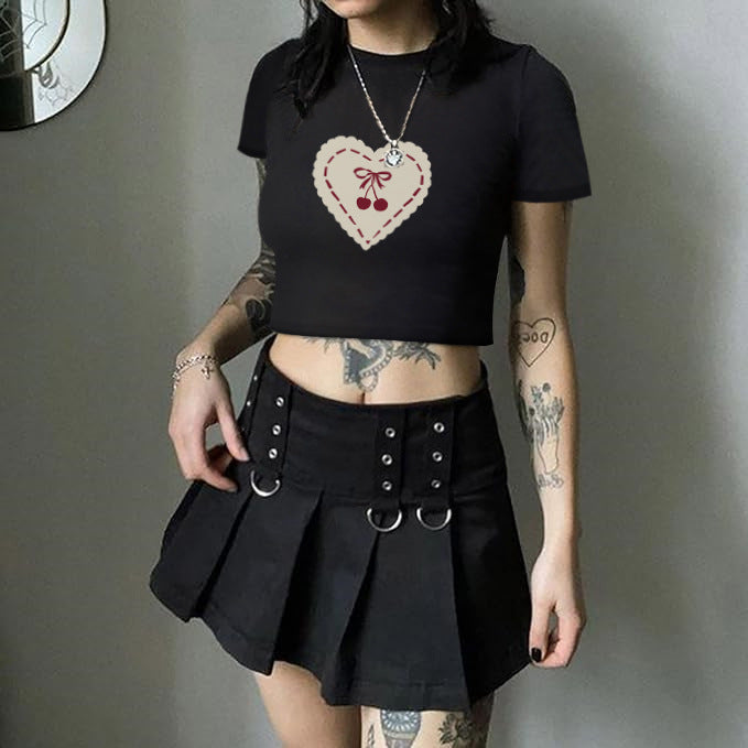 Damen Crop-T-Shirt mit verspieltem Kirschmotiv und elegantem Schleifenprint EB
