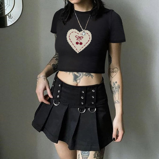 Damen Crop-T-Shirt mit verspieltem Kirschmotiv und elegantem Schleifenprint EB