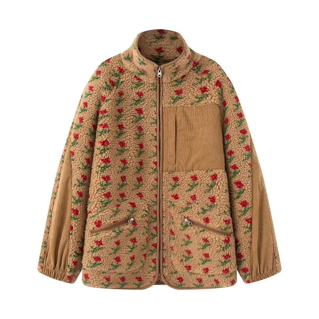 Damen nan Teddy-Fleece Jacke mit floralem Muster, Feincord-Einsätzen, Stehkragen und Reißverschluss EB