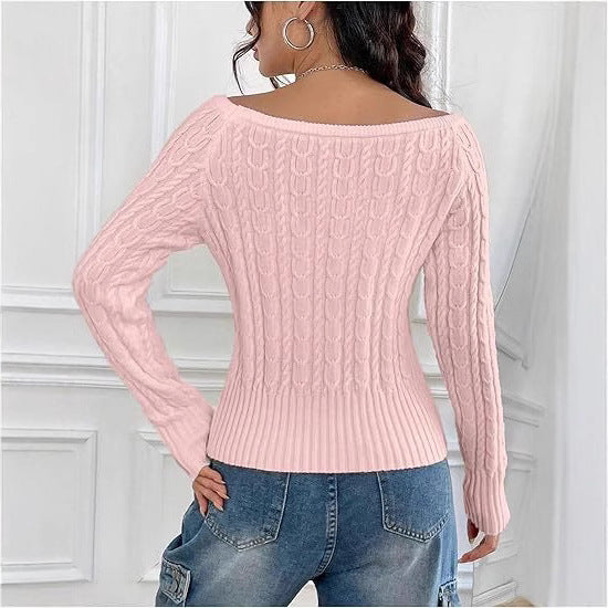 Damen Grobstrick Pullover mit offener Schulterpartie und Zopfmuster EB