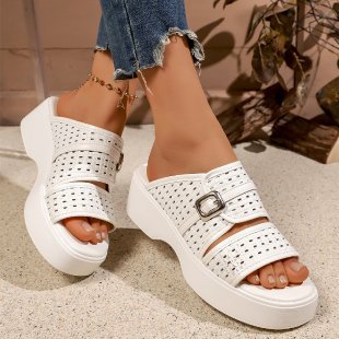 Damen Keil-Pantoletten mit dekorativem Riemendesign und komfortablem Fußbett EB