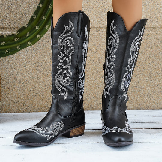 Damen nan Cowboystiefel mit gesticktem Westernmuster, mittelhohem Blockabsatz und seitlichem Reißverschluss EB
