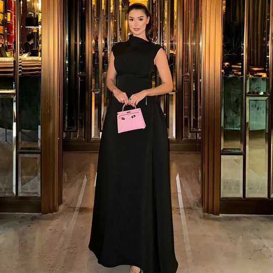 Damen Maxi-Abendkleid mit elegantem Stehkragen und schwingendem Rock EB