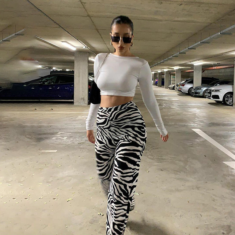 Damen Elegante Zebra-Print High-Waist Hose EB