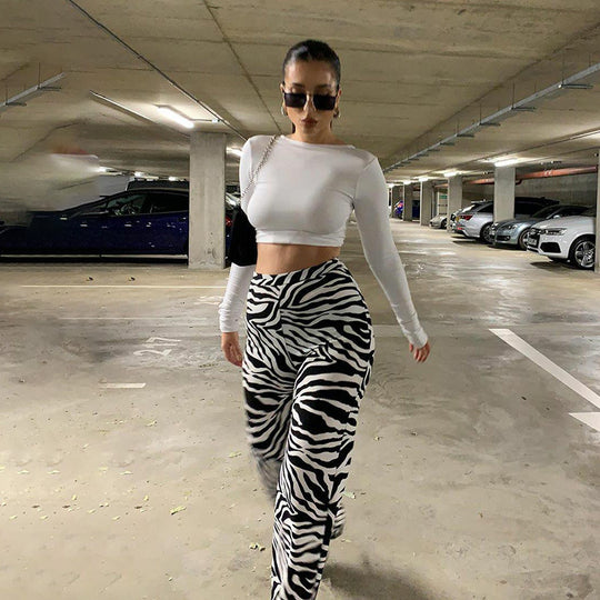 Damen Elegante Zebra-Print High-Waist Hose EB