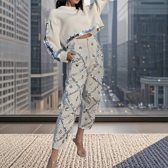 Damen modischer cropped Pullover mit Pailletten EB