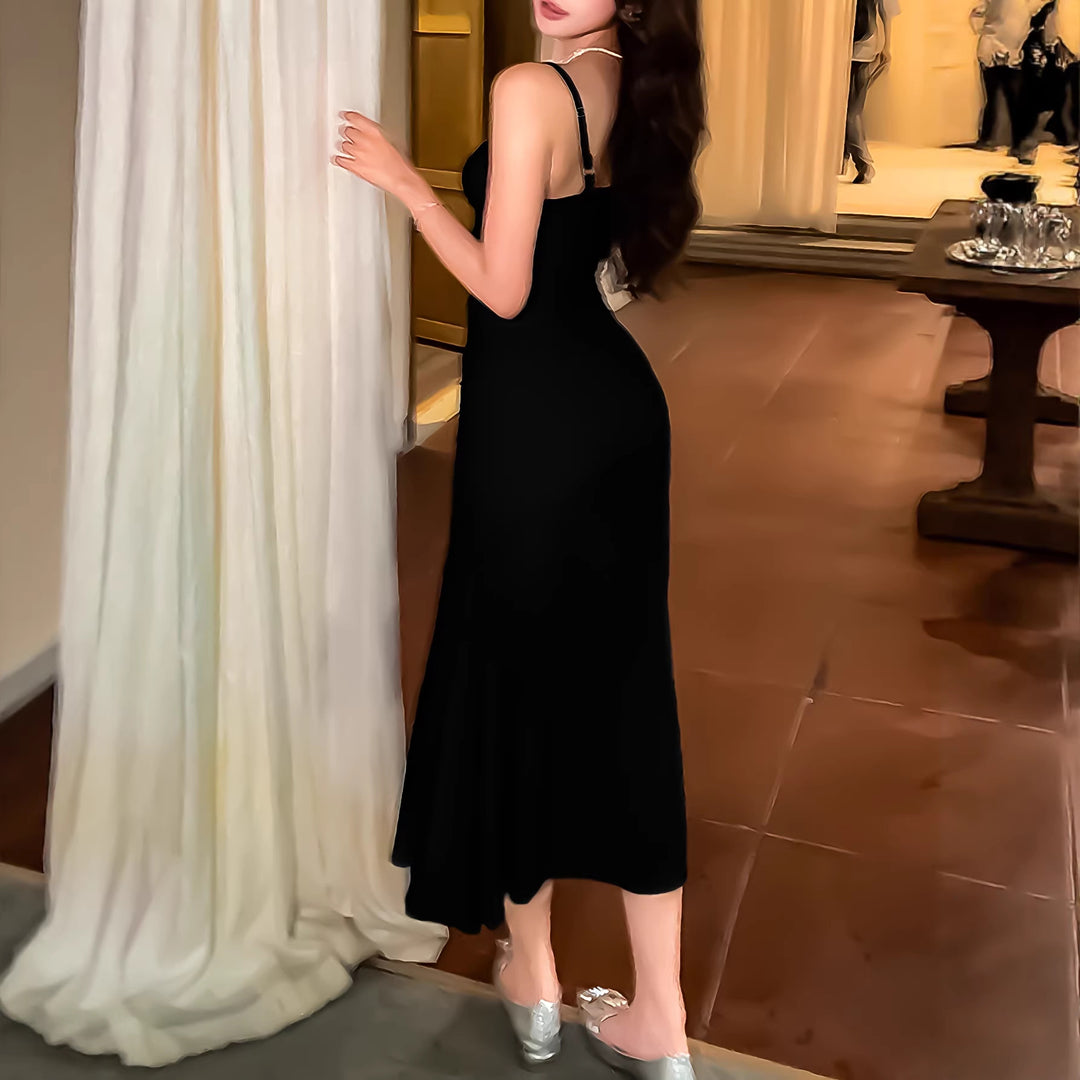 Damen langes Wickelkleid mit eleganter Silhouette und spaghettiträgen EB
