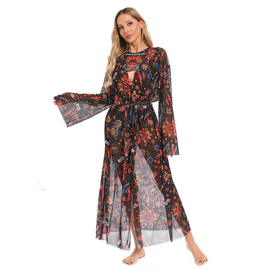 Damen eleganter transparenter Strandkimono mit floralem Design EB
