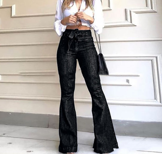 Damen elegante Bootcut-Jeans mit hohem Bund und Gürtel EB