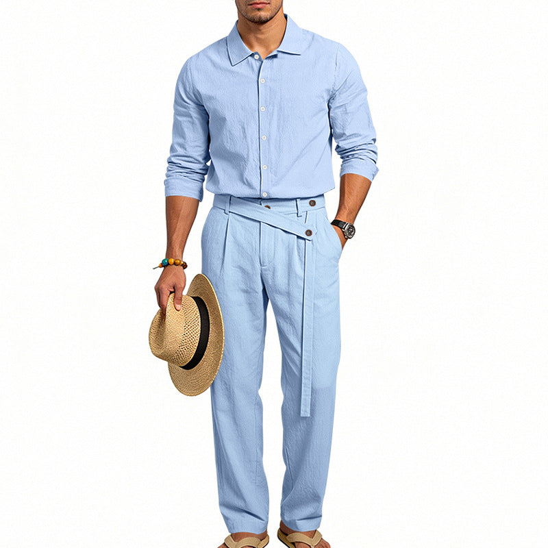 Herren nan eleganter Leinen-Zweiteiler mit Hemd und Hose mit hohem Bund und Bindegürtel EB