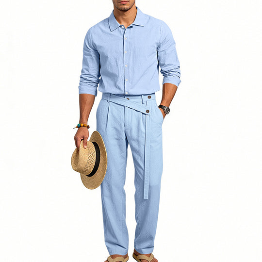 Herren nan eleganter Leinen-Zweiteiler mit Hemd und Hose mit hohem Bund und Bindegürtel EB