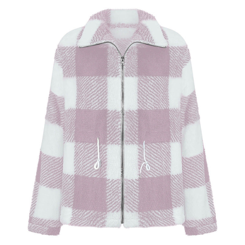 Damen kuschelige Oversize-Jacke mit kariertem Muster EB