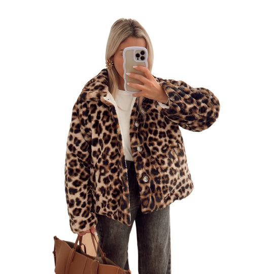 Damen Kunstfelljacke mit modischem Leopardenmuster und komfortablem Schnitt EB