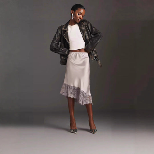 Damen Satinrock mit Spitze und asymmetrischem Saum EB