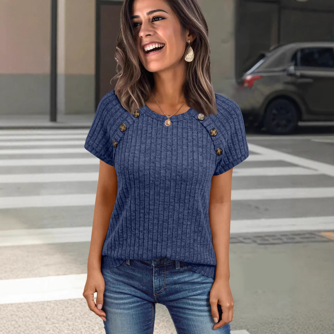 Damen lässiges Rippenstrick-T-Shirt mit Knöpfen EB