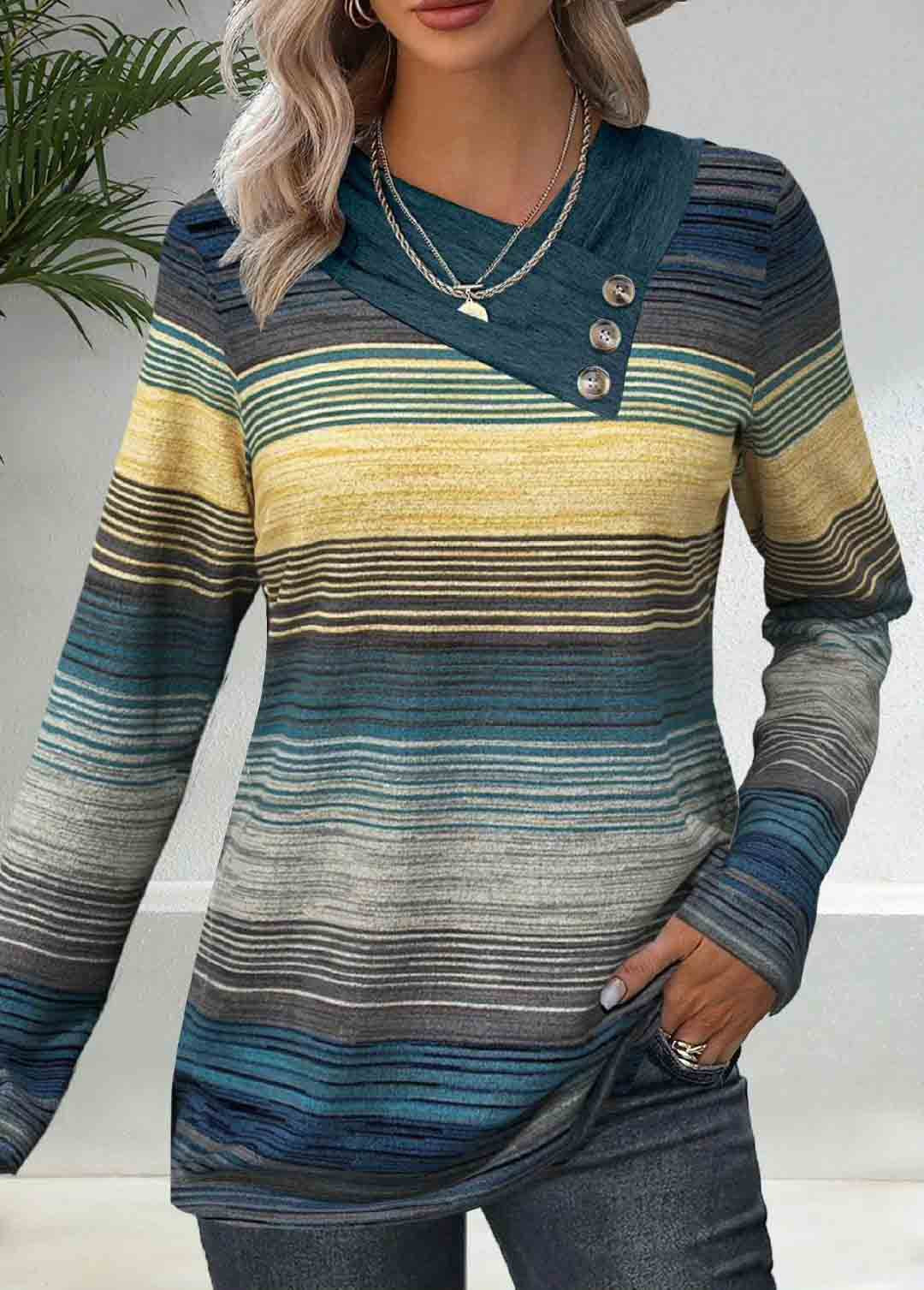 Damen elegantes Langarmshirt mit modernem Streifenmuster und Knopfdetails EB