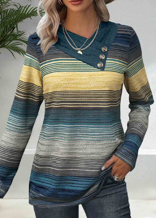 Damen elegantes Langarmshirt mit modernem Streifenmuster und Knopfdetails EB