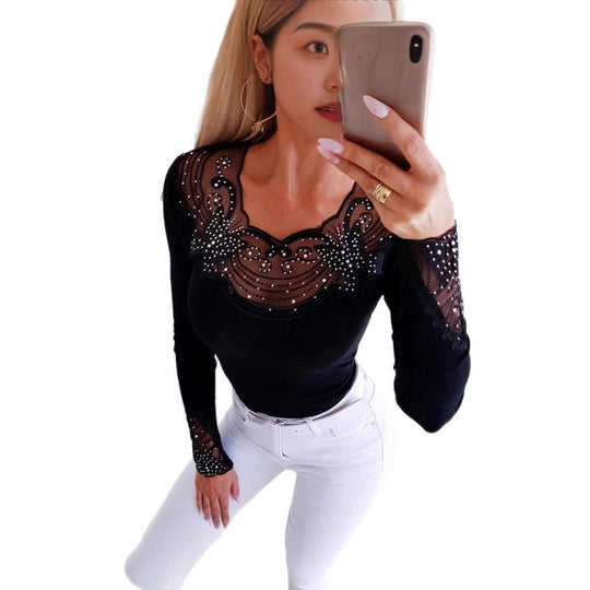 Damen Elegantes Oberteil mit transparentem Spitzenverlauf und funkelnden Applikationen EB